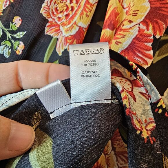 LOFT Black Colorful Floral LS Semi-Sheer Button Keyhole Blouse Breezy Medium - Picture 5 of 9